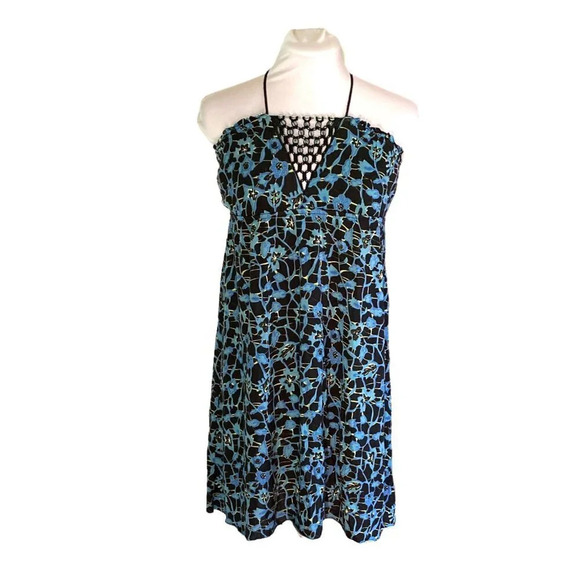Free People Dresses & Skirts - 𝅺Free People Beaded Halter Dress, Black and Blue Floral‎ Pattern, Size Medium